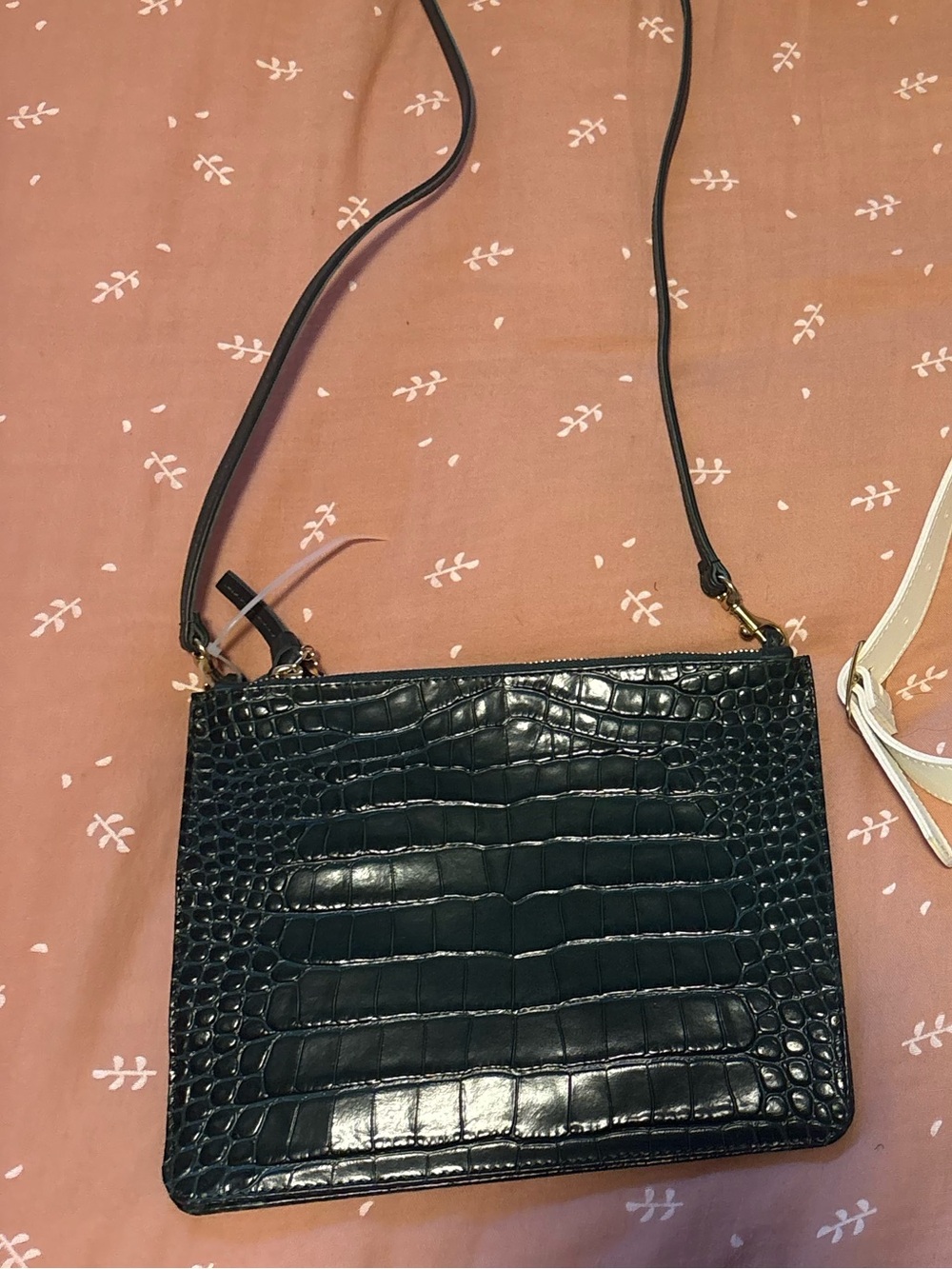 Croc Leather Dark Green Crossbody Bag with double zipper closure / compartments